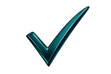 Teal metallic check mark symbol rendered in 3d, symbolizing confirmation against transparent backdrop, conveying positive verification