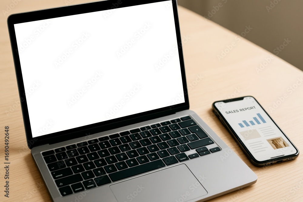 Poster blank laptop screen mockup next to smartphone displaying sales report on wooden desk for clean works