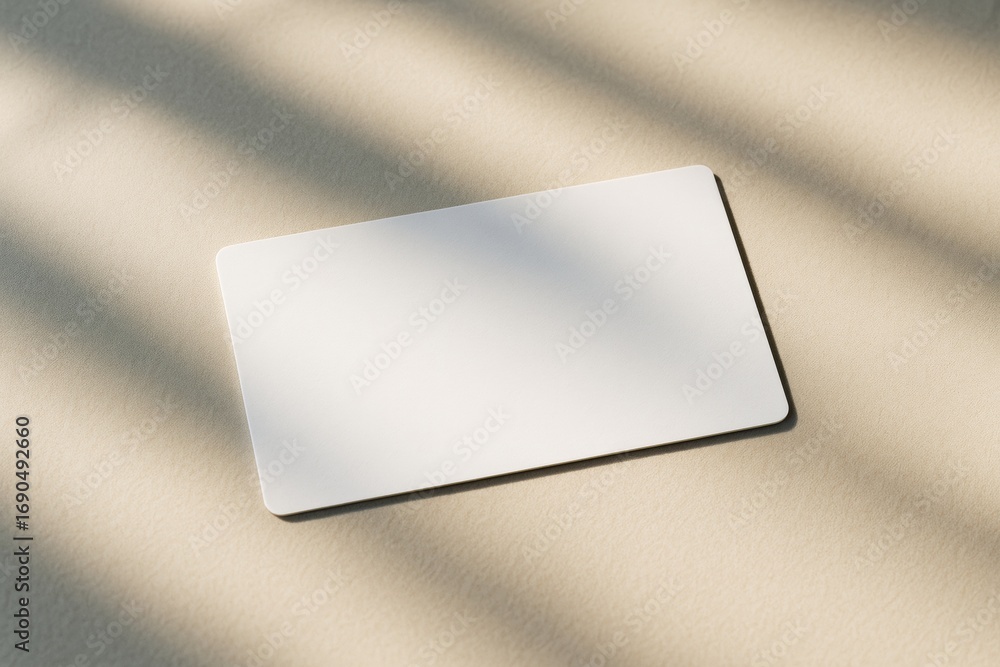 Aufkleber blank white rectangular card mockup placed on beige textured surface with soft sunlight shadows, ide