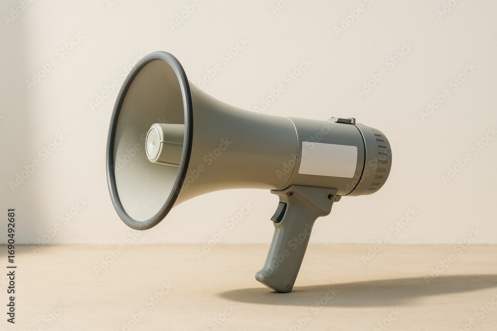 Poster megaphone mockup on bright neutral background with blank label for branding or advertising presentat