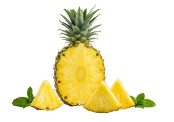 Fresh pineapple, half upright vibrant pulp, spiky crown, half flat, two wedges, mint leaves, clean transparent background, high-key lighting, professional food styling concept
