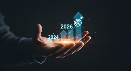 Futuristic Hand Holding Growing Business Graph with Increasing Arrows and Target in Dark Background