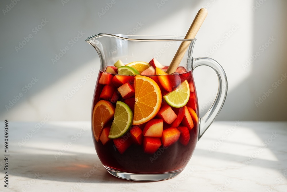 Poster glass pitcher filled with red fruit punch and chopped citrus and apples on light background with nat