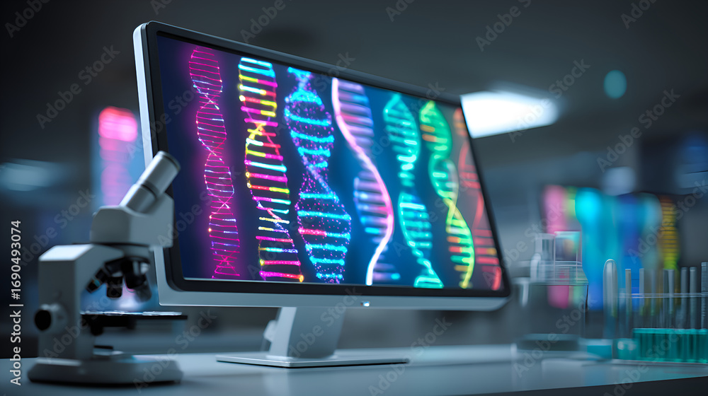 Poster computer showing dna strands in modern laboratory setting