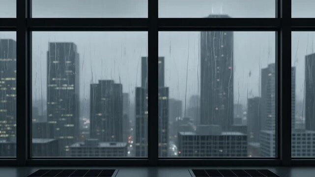 Rain-Streaked Window Overlooking a Moody Cityscape, Capturing the Atmosphere of a Rainy Day Through a Window with City Views
