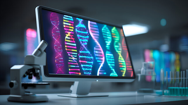 Computer showing dna strands in modern laboratory setting - Powered by Adobe