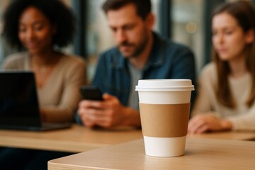 Blank coffee cup mockup with cardboard sleeve on table in focus, blurred people in background working in modern office or cafe setting. Ai generative