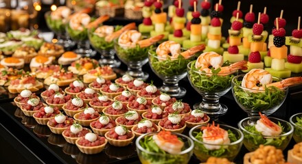 Elegant appetizer spread featuring colorful fruit skewers, shrimp cocktails, and gourmet canapés in glasses, perfect for upscale events and stylish receptions.