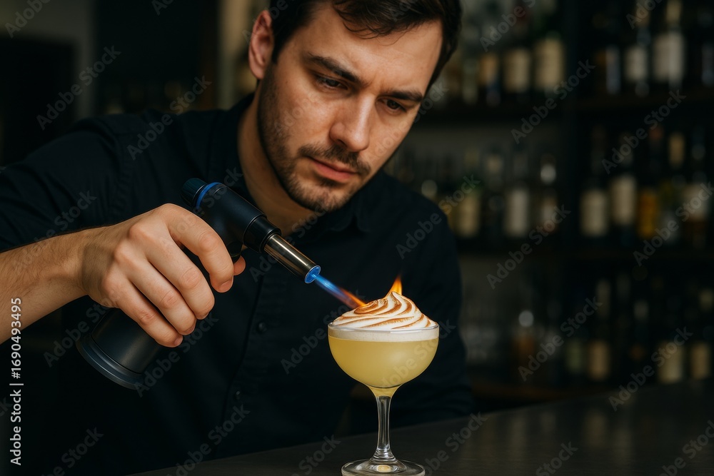 Poster bartender torching cocktail foam with focused flame in bar for caramelized garnish topping under war