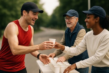 Runner receiving water from volunteers at hydration station during marathon on outdoor road with green forest background and natural light. Ai generative