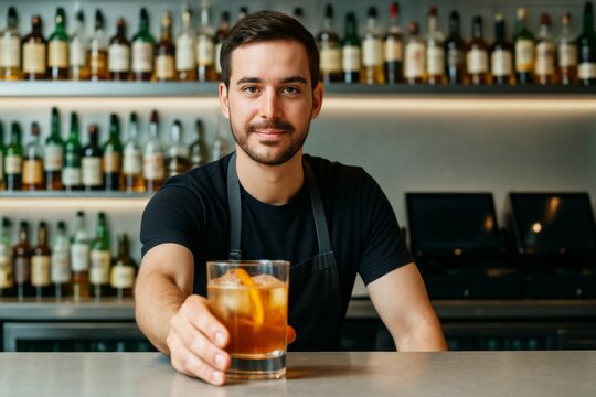 Bartender offering cocktail with confident smile in modern bar interior with blurred bottles and clean background in warm light setting. Ai generative - Powered by Adobe