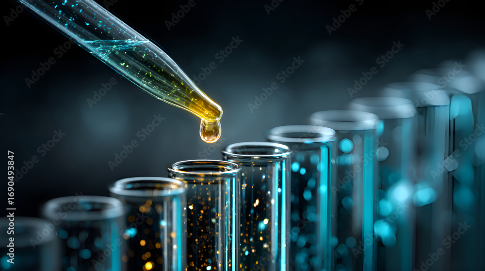 Poster pipette dropping yellow liquid into test tubes in laboratory setting