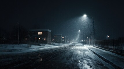 Snowy street at night