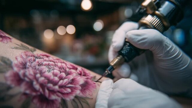 A tattoo machine delicately inscribes floral script on skin, with visible needles embedding ink beneath the surface.