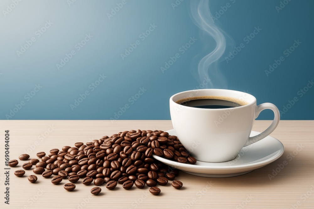 Poster steaming cup of black coffee with coffee beans on wooden table and smooth blue gradient background i