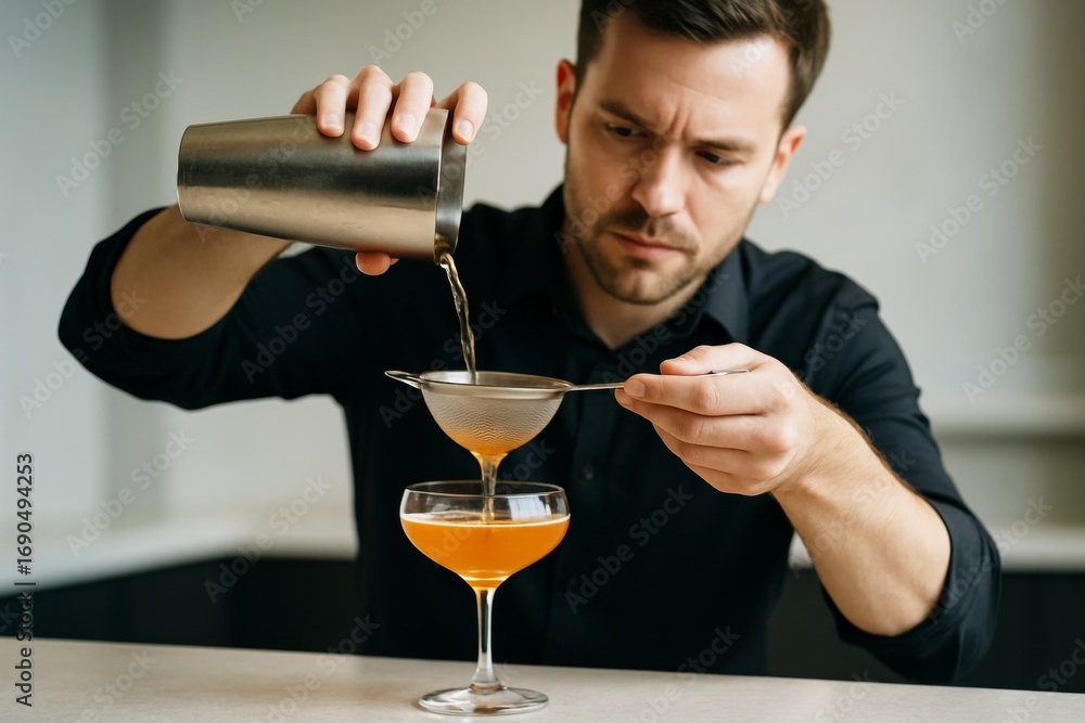 Poster bartender straining cocktail into coupe glass with focus and precision in modern setting using fine 