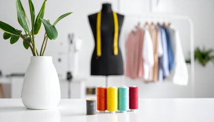 Colorful thread spools and a dressmaker's mannequin in a bright fashion designer's workshop
