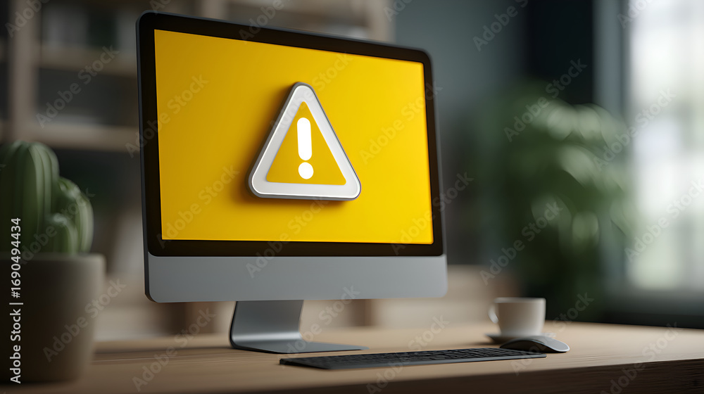 Poster warning alert sign showing on a computer screen in an office setting
