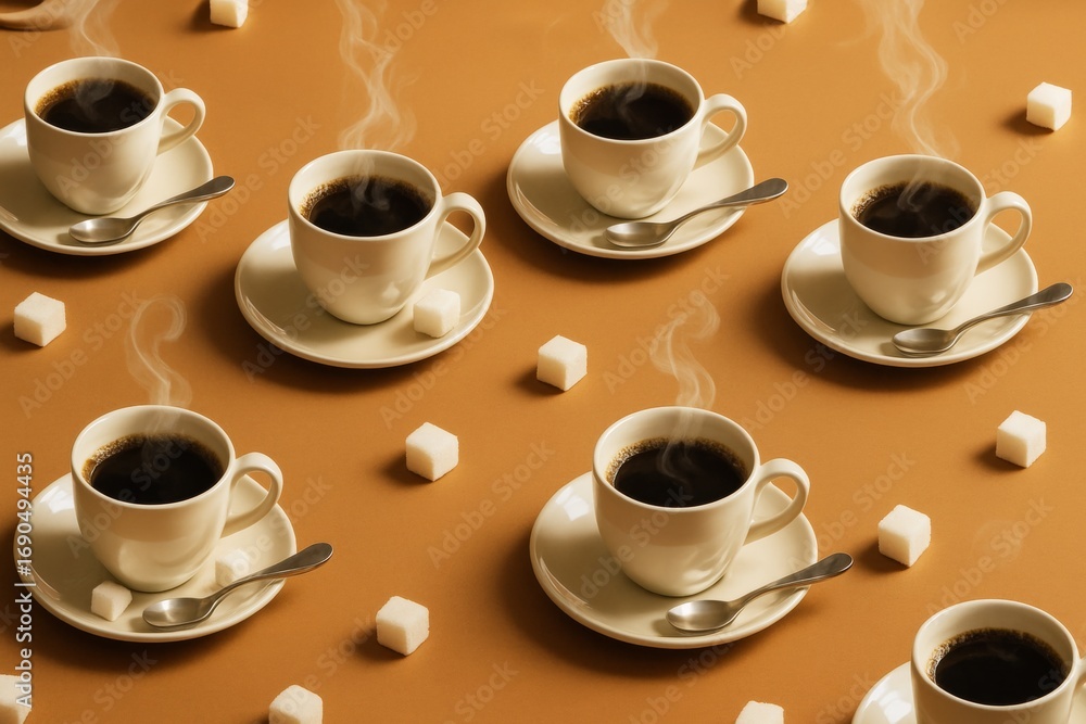 Poster steaming cups of black coffee with sugar cubes and spoons on brown background arranged in seamless i