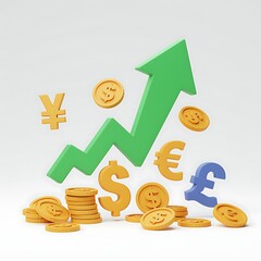 Rising Global Market Investment with Currencies and Growth Chart 3D Illustration for Financial Success