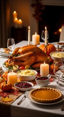 Naklejka premium A festive Thanksgiving feast is beautifully arranged on a table, complete with roasted turkey, mashed potatoes, cranberry sauce, pumpkin pie, and candles.