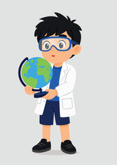 Cartoon child scientist boy with lab coat and lab goggles holding a globe