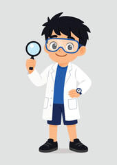 Fototapeta premium Cartoon child scientist boy with lab coat and lab goggles holding a magnifying glass