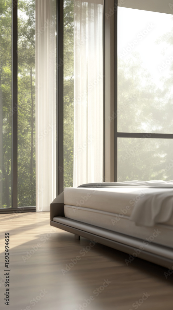 Poster modern bedroom with large windows overlooking green trees and soft light. tranquil space for rest an