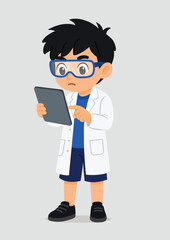 Cartoon child scientist boy with lab coat and lab goggles pointing on a tablet