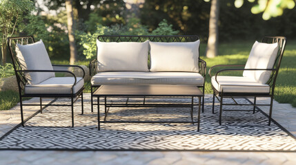Obraz premium Elegant outdoor patio furniture set on a stylish patterned rug. Perfect for relaxed garden living and entertaining guests.