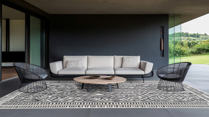 Luxurious outdoor living area features contemporary furniture design. Comfortable patio seating offers stunning views of green landscape.