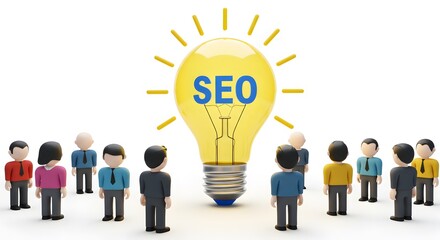 Group of Diverse Cartoon People Around Bright Light Bulb with Seo Text in White Background