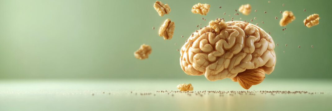 Artistic rendering of a brain with walnuts and micro elements. Represents brain health, nutrition, and cognitive function.