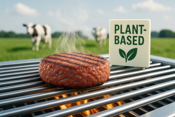 Grilled plant-based burger patty on barbecue with steam and sign, cows grazing in soft-focus green field background under bright daylight sky. Ai generative
