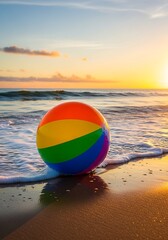 Obraz premium A vibrant rainbow beach ball rests on the wet sand at sunset, reflecting the golden hues of the sky.