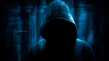 Hooded hacker launching cyberattack, breaking through digital security systems