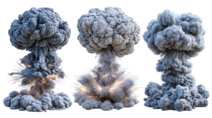 Three Stages of a Massive Explosion with Smoke Clouds and Fireball
