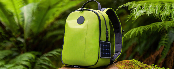 Eco backpack green backpack solar panel outdoor forest fern sustainable recycled travel hiking gear. Eco backpack with solar panel lush forest