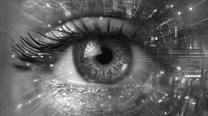 Human eye merging with electronic circuits and data streams in black and white