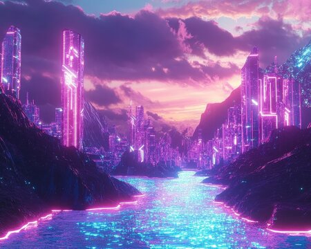 A parallel world where oceans are glowing circuits and mountains are crystal processors under neon skies.