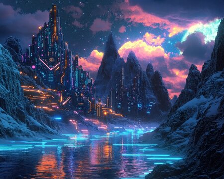A parallel world where oceans are glowing circuits and mountains are crystal processors under neon skies.