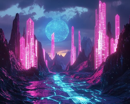 A parallel world where oceans are glowing circuits and mountains are crystal processors under neon skies.