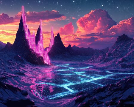 A parallel world where oceans are glowing circuits and mountains are crystal processors under neon skies.