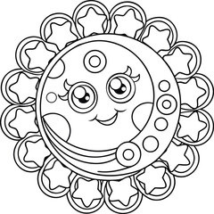 Outline of a crescent moon with smiling face and shining star beside it Vector illustration