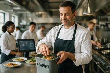 Chef composting food scraps in professional kitchen with team working in background, promoting sustainable environment practices and waste reduction. Ai generative
