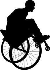 Silhouette of man doing wheelchair trick, symbolizing strength, resilience, empowerment, and adaptive sports. For disability, mobility, healthcare, and inspirational lifestyle themes.
