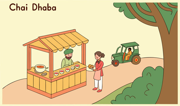 &ldquo;A vibrant illustration of a traditional Pakistani village tea stall (chai dhaba): a small roadside wooden stall with a thatched roof, a tea vendor (chaiwala) pouring steaming chai from a kettle into 