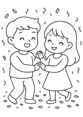 coloring book couple dancing together celebrating new year party