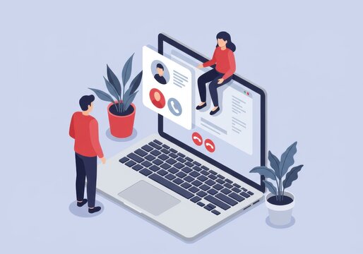 Isometric digital communication concept with people interacting on laptop