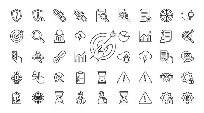 Collection of business and technology icons in a distinctive silhouette style
